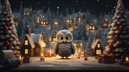 Funny Christmas owl, adorned with festive ornaments and winter themed decorations. The owl is illustrated with a playful, holiday inspired design, featuring traditional snowed Christmas elements.