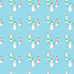 Funny snowmen on a blue background.  Joyful family of snowmen.Children's seamless pattern. Flat style. Background for paper, cover, fabric, interior decor. 