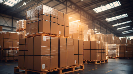 Neatly stacked cardboard boxes on a pallet in a well-lit warehouse, waiting for distribution. 