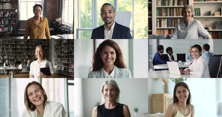 Group of different age and ethnicity people staring at camera posing at home or workplace. Collage of happy smiling businesspeople and student. Video conference application, global communication, tech