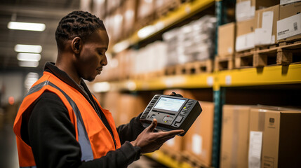 A worker using a handheld scanner to confirm the contents and quantities of boxes on a pallet before shipping from a distribution center.  - obrazy, fototapety, plakaty