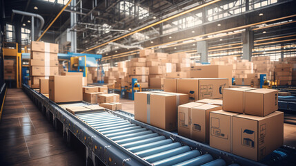 A conveyor belt system efficiently moving boxes from the assembly line to pallets, streamlining the packaging process in a manufacturing warehouse.  - obrazy, fototapety, plakaty
