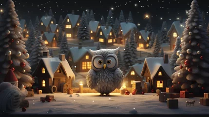 Fotobehang Uiltjes Funny Christmas owl, adorned with festive ornaments and winter themed decorations. The owl is illustrated with a playful, holiday inspired design, featuring traditional snowed Christmas elements.