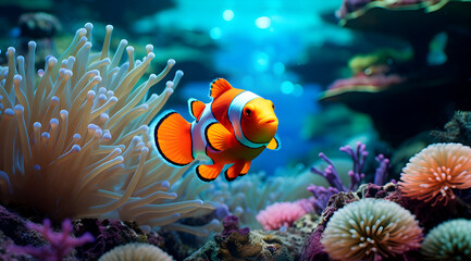 Fototapeta na wymiar Bright orange fish near yellow plants. Blue water background. Fish has white stripes. Beautiful underwater world