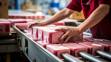 Hands of a factory employee sealing boxes on a conveyor belt, emphasizing quality control in the packaging process. 
