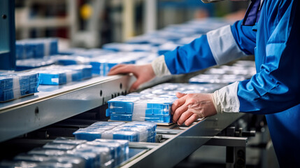 Hands of a factory employee sealing boxes on a conveyor belt, emphasizing quality control in the packaging process. 