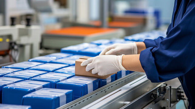 Hands of a factory employee sealing boxes on a conveyor belt, emphasizing quality control in the packaging process. 