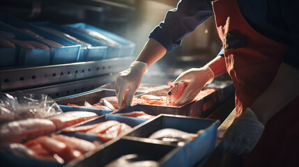 Close-up of a factory employee arranging sealed boxes of fresh seafood products on a conveyor belt, reflecting the seafood industry's standards.  - obrazy, fototapety, plakaty