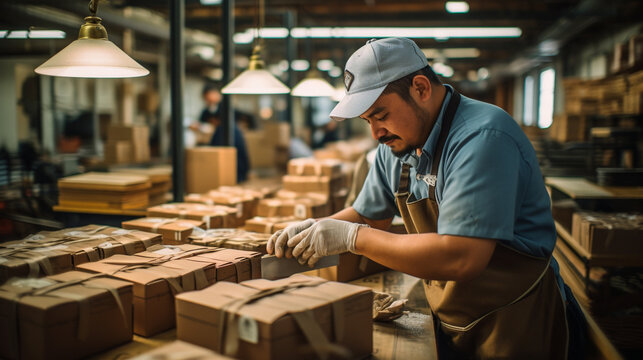 A skilled artisan packaging handcrafted goods into boxes on a conveyor belt, emphasizing the value of artisanal production. 