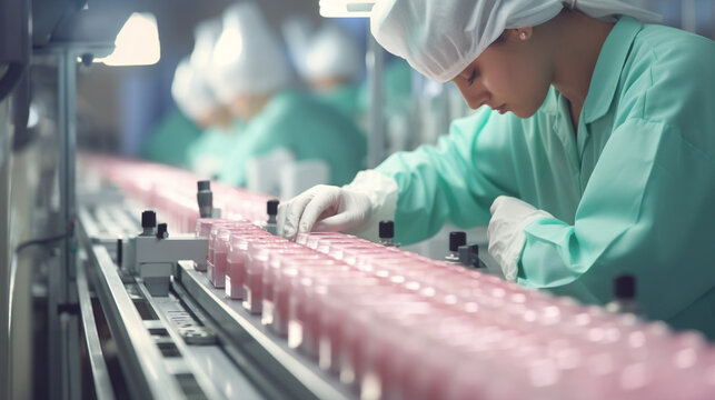 Worker in a cosmetics factory carefully packing beauty products into boxes on a conveyor belt, part of the cosmetics production line. 