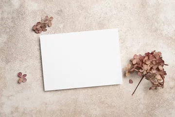 Foto op Canvas Stylish wedding invitation card mockup with hydrangea flowers on beige background © nikavera