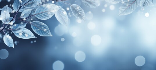 Winter leaves theme with shiny bokeh blue gray background with copy space for text and advert. Generative AI technology.	
