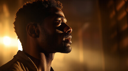 Profile cinematic portrait of a perplexed black afro american man with warm backlight and copy space