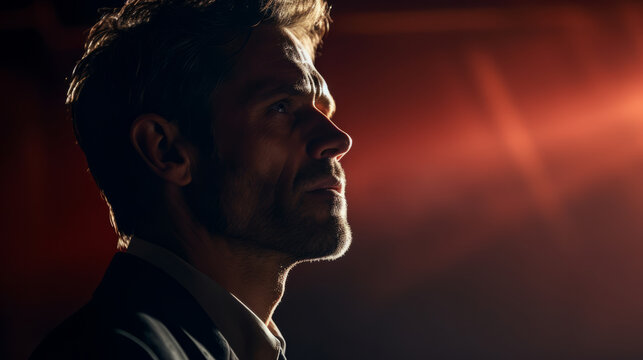 Profile cinematic portrait of a perplexed mature man with warm backlight and copy space