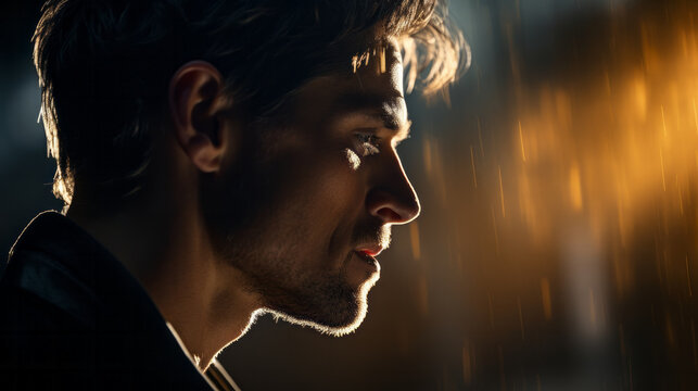 Profile cinematic portrait of a perplexed caucasian man with warm backlight and copy space