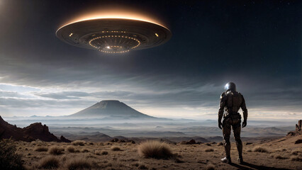 UFO in the middle of a desert. Alien spaceship in the night sky.