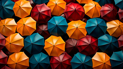 A photo of several umbrellas open in the rain, each of a different color.