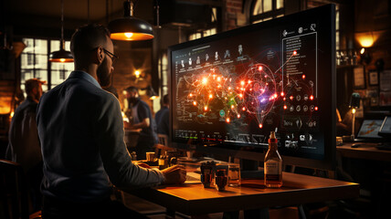 Obraz premium One employee is standing in front of a large monitor, pointing at graphs and figures in an interactive presentation. The other team members are seated in ergonomically designed chairs, paying attentio