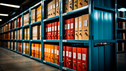 Shelves full of folders and binders in a storage room or office library.
