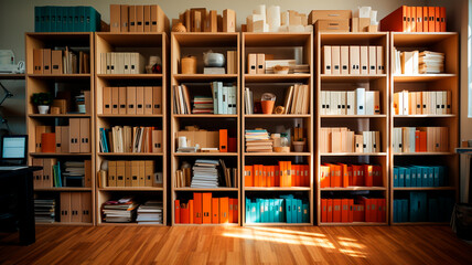 Shelves full of folders and binders in a storage room or office library.