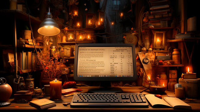 A clean desk with a computer, calendar, notebook, and some office supplies.