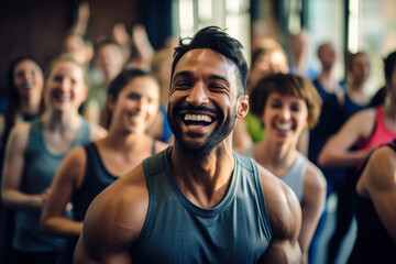 A diverse group of people participating in a fitness class together - obrazy, fototapety, plakaty