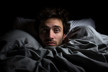 A man with a stressed expression lies in bed due to insomnia - obrazy, fototapety, plakaty