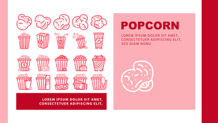 popcorn food snack cinema landing web page vector. movie corn, pop bucket, entertainment box, delicious, tasty film, red white striped popcorn food snack cinema Illustration