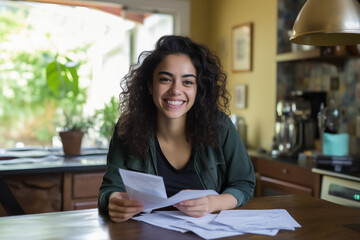 happy woman with bills and paperwork at kitchen table, household cost of living - obrazy, fototapety, plakaty