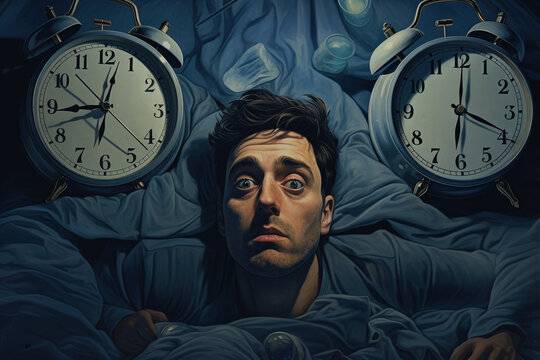 A man with a stressed expression lies in bed due to insomnia