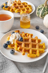 Spiced pumpkin waffles with whipped cream, honey and blueberries on a white plate on a gray concrete background. Dessert for Thanksgiving Day or Halloween.