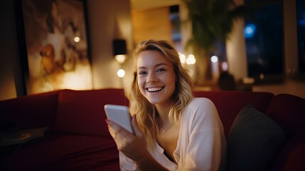 A smiling girl with a phone sitting on the couch at home, making online purchases in an online store.