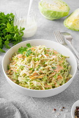 Traditional cole slaw salad in a bowl on a gray concrete background. Salad with cabbage, carrot and mayonnaise sauce. Selective focus, copy space.