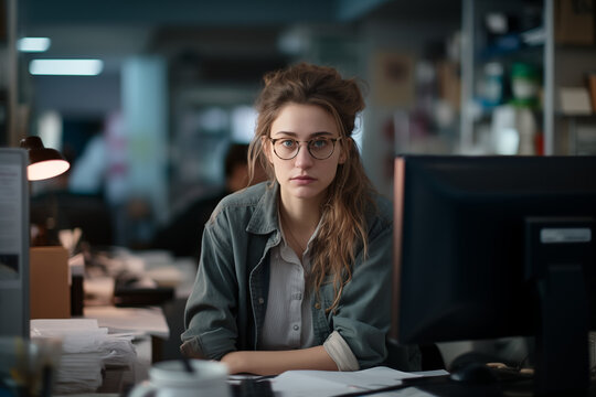 stressed woman with papers and computer screen in office 