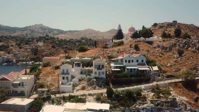 symi island houses drone footage