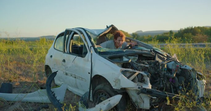 The woman behind the wheel made a fatal mistake, which led to a car accident. The woman managed to survive and is in terrified stress trying to leave the wrecked car