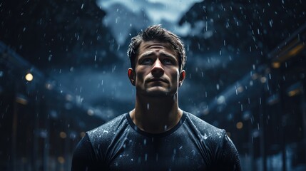 A handsome muscular man in a T-shirt stands and looks at the rain. Close-up. The theme of depression and the search for meaning in life. - obrazy, fototapety, plakaty