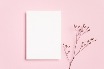 Blank greeting or invitation card mockup, white card with copy space on pink background