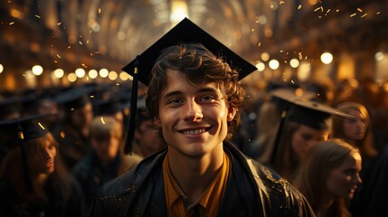 A joyful male student stands and looks at the camera against the background of other students. Close-up.