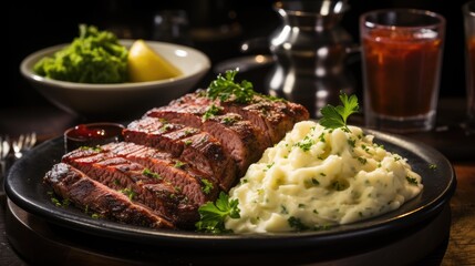 Appetizing meat with yellow mashed potatoes on a plate close-up.