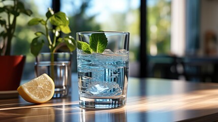 A glass of clean water with lemon juice and a slice of citrus fruit stands on a wooden table against the backdrop of the kitchen. Theme of healthy eating and detoxification. - obrazy, fototapety, plakaty