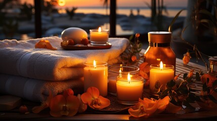 Beautiful romantic burning candles in glass cups. Flowers lie on a wooden surface. Theme of rest and relaxation.