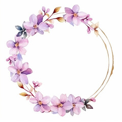 Fototapeta na wymiar Light pink spring flowers with leaves watercolor paint round frame with golden line border on white, generated AI