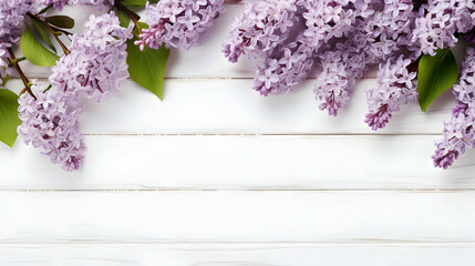 Romantic floral composition with loosely arranged Lilac flowers frame on a rustic white wooden background,Generated by AI