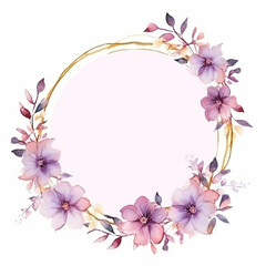 Light pink spring flowers with leaves watercolor paint round frame with golden line border on white, generated AI