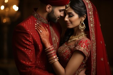 Portrait photograph of a newly weds indian married couple in traditional outfits