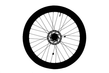 Black silhouette close up shot of sport bike wheel with tire, inner tube and many spokes, isolated on white background alpha channel.