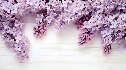 Romantic floral composition with loosely arranged Lilac flowers frame on a rustic white wooden background,Generated by AI