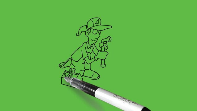 draw male mechanic plumber wear hat sit kneel down on floor repair pipe with his tools kept in tool-box with black outline on abstract green screen background     
