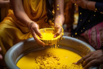 Close-up of bowl of haldi or turmeric for wedding ceremony